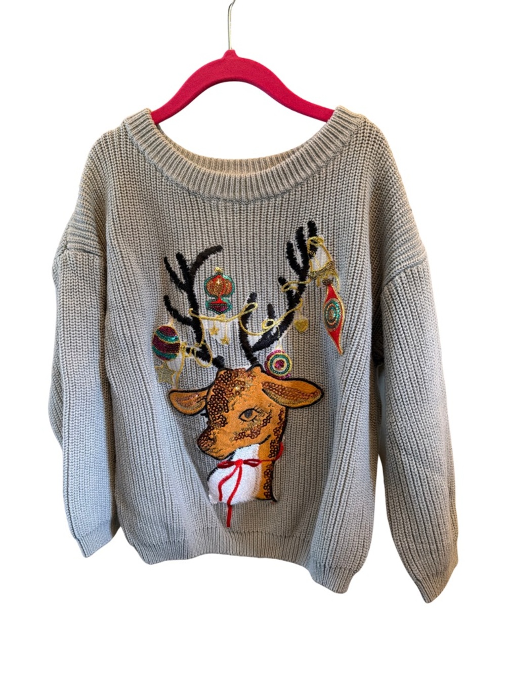 Judith March Gray Sweater with Embroidered Reindeer and Ornaments